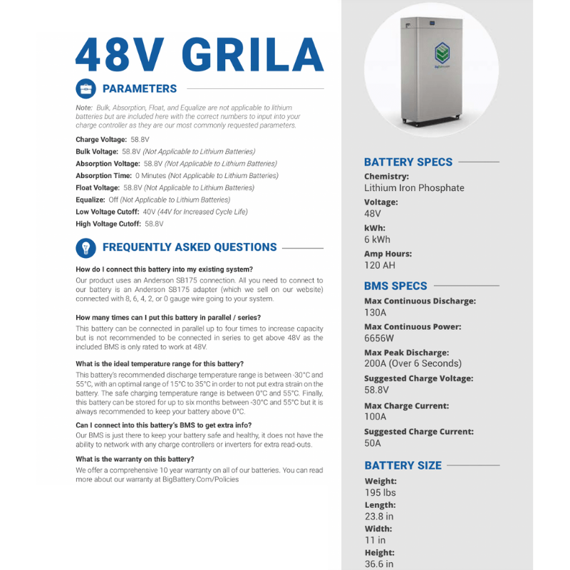 BigBattery 48V GORILA 6kWh Lithium Battery - 120Ah - 6kWh - SPECS