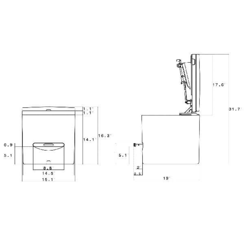 Compo Closet CUDDY Lite Composting Toilet Technical Drawings Showing The Dimensions Cubicle