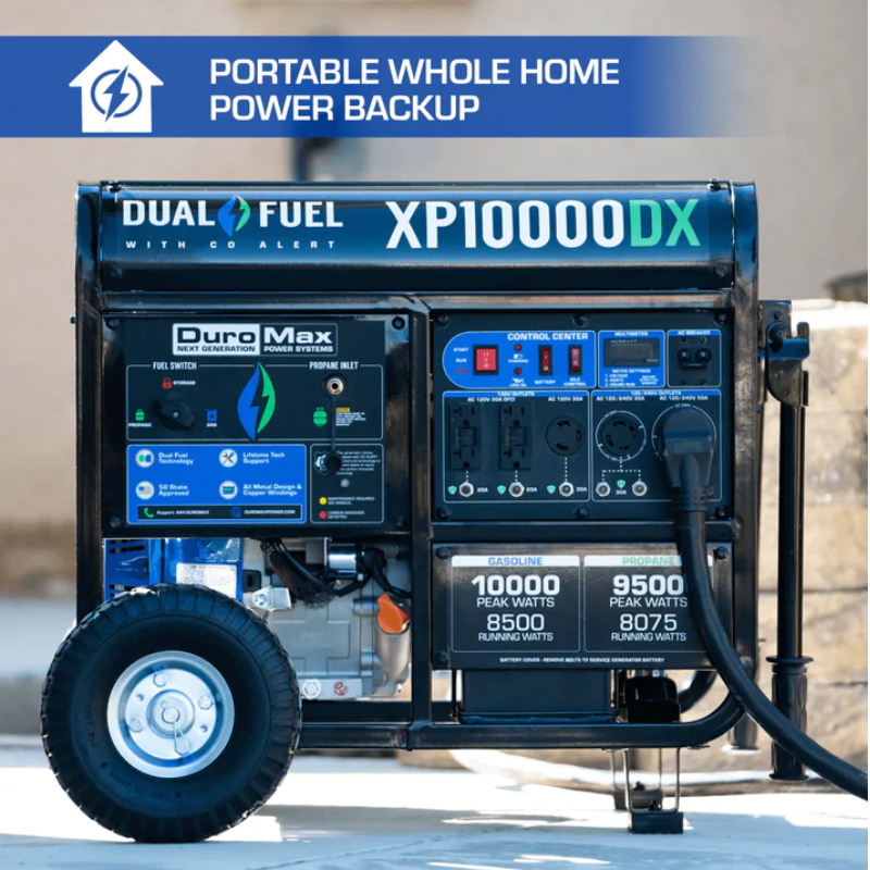 DuroMax XP10000DX 10,000 Watt Dual Fuel Portable Generator w CO Alert Portable Whole Home Power Backup