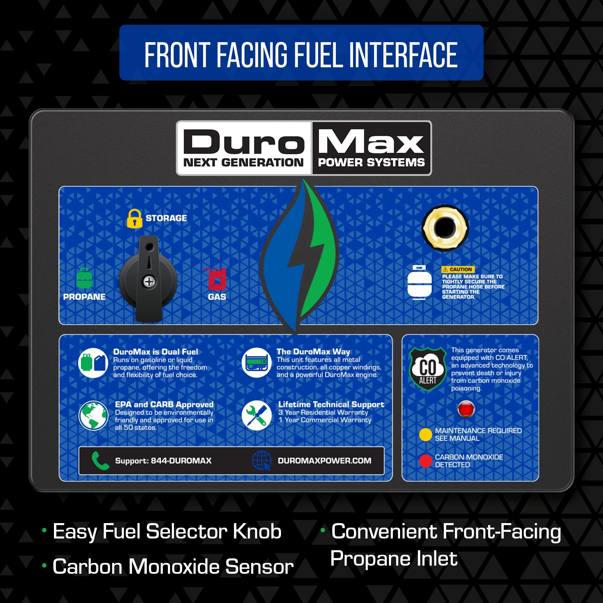 DuroMax XP12000HX 9500W/12000W Dual Fuel - Front Facing Fuel Interface