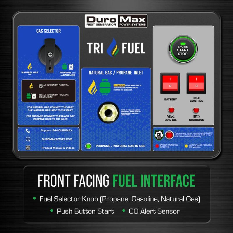 DuroMax 15,000 Watt Electric Start Tri-Fuel Portable Generator Gasoline Front Facing Fuel Interface