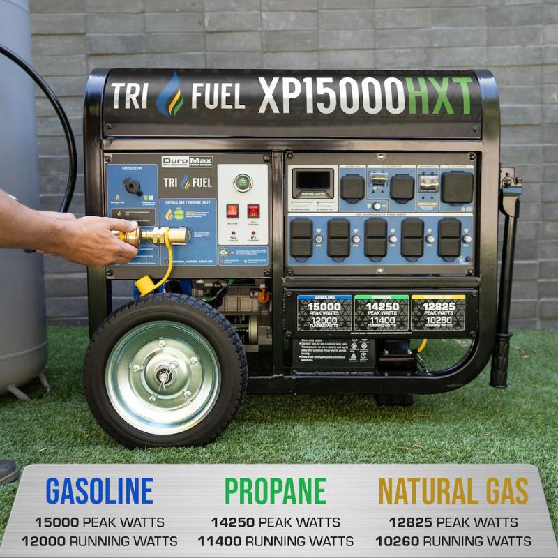 DuroMax 15,000 Watt Electric Start Tri-Fuel Portable Generator Gasoline, Propane, and Natural Gas. Tri-Fuel XP15000HXT