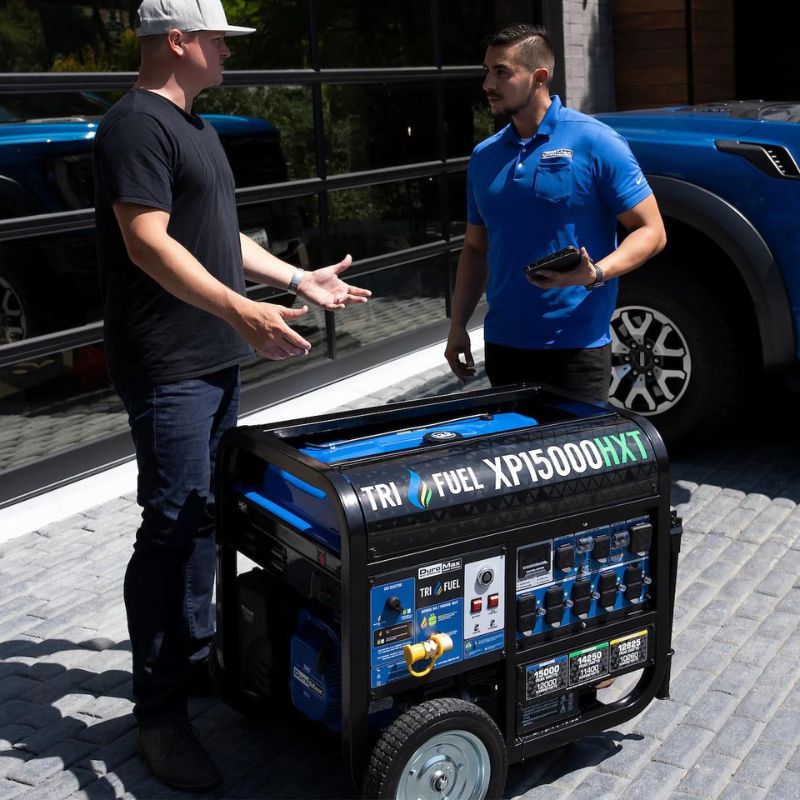 DuroMax 15,000 Watt Electric Start Tri-Fuel Portable Generator Gasoline Outdoors with wheels