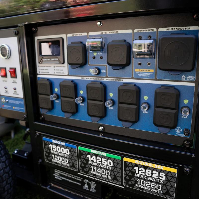 DuroMax 15,000 Watt Electric Start Tri-Fuel Portable Generator Gasoline Power Panel with covers