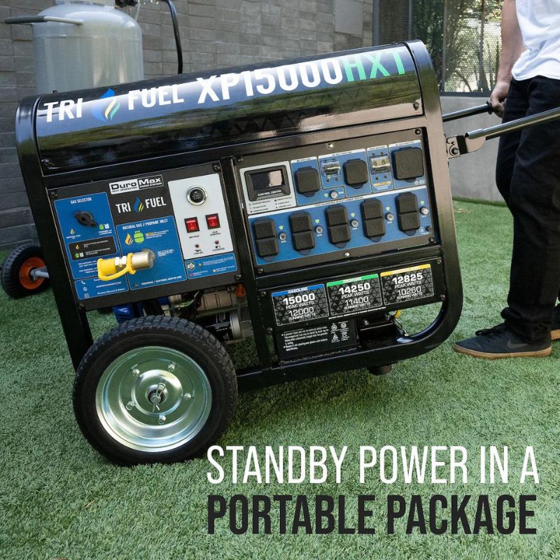 DuroMax 15,000 Watt Electric Start Tri-Fuel Portable Generator Gasoline with wheels