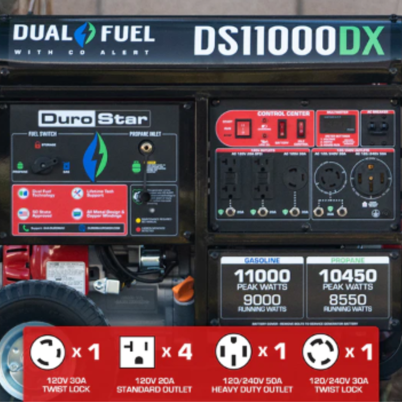 DuroStar DS11000DX 11,000 Watt Dual Fuel Portable Generator w/ CO Alert Outlet