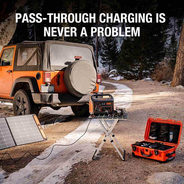 Jackery Explorer 1000 Portable Power Station Front View Showing Charging With One Solar Panel On A Snowy Road