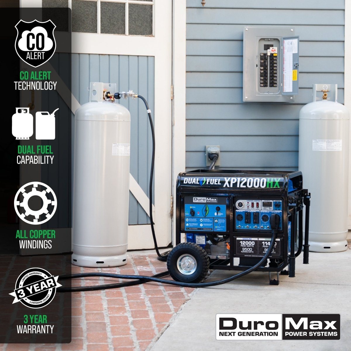 DuroMax - DuroMax XP12000HX 9500W/12000W Dual Fuel CO Alert Electric Start Generator New - Tiny Home Equipment