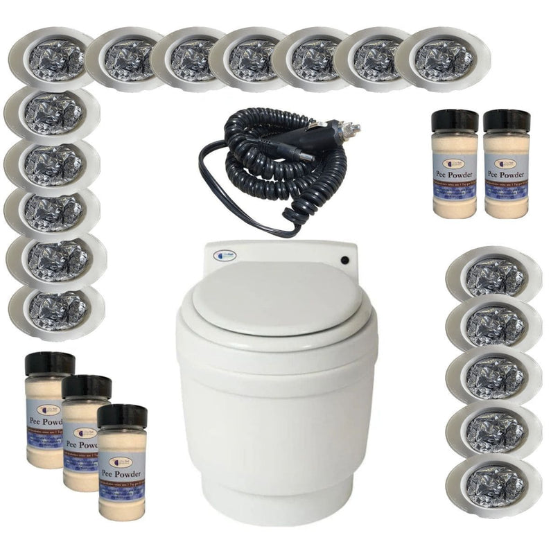 Laveo Dry Flush Toilet Mega Pack, 12v DC powered, with 17 refill cartridges and 5 pee powders for long-term use.