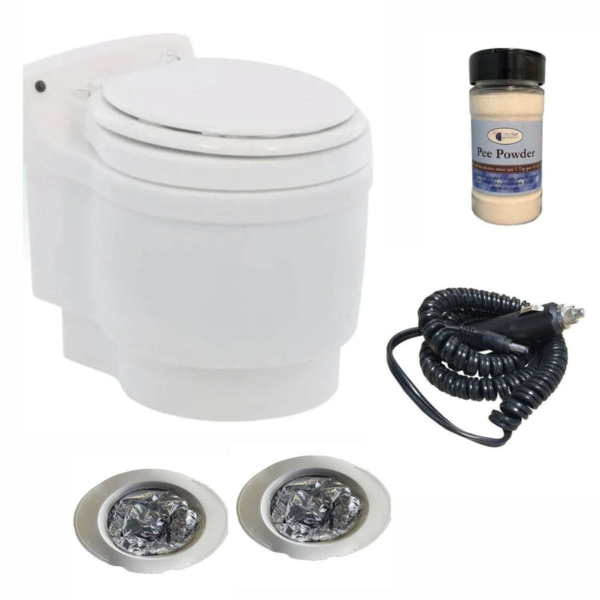 Laveo Dry Flush Toilet, portable and powered by a 12v car adapter, ideal for outdoor adventures and off-grid living.