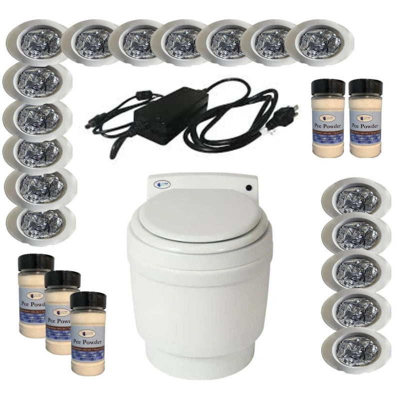 Laveo Dry Flush Toilet Mega Pack, AC 110v powered, including 17 refills and 5 pee powders for extended stationary use.