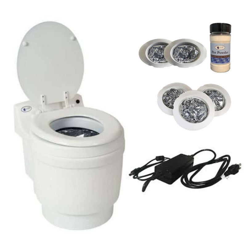 Laveo Dry Flush Toilet Plus Pack, AC 110v powered, featuring extra refills and pee powder for extended convenience.