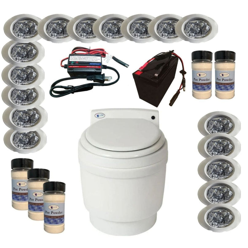 Laveo Dry Flush Toilet Mega Pack, battery-powered, featuring 17 refill cartridges and 5 pee powders for extended use.