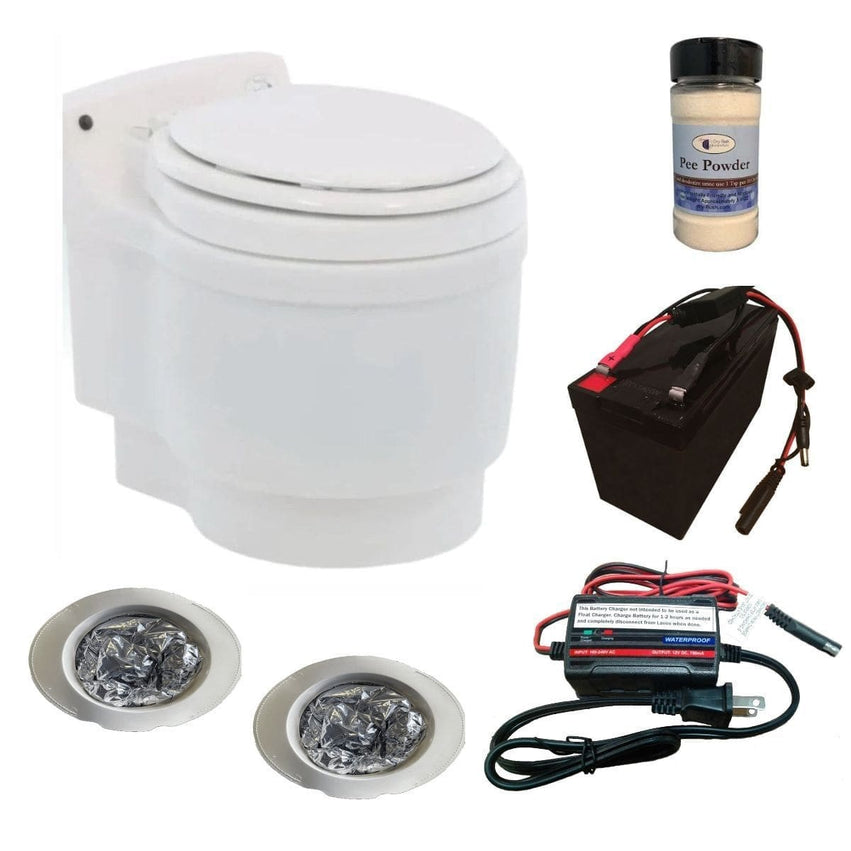 Laveo Dry Flush Toilet, a portable and waterless toilet solution, featuring a sleek design, ideal for RVs and camping, alongside accessories like pee powder, battery, and charger.