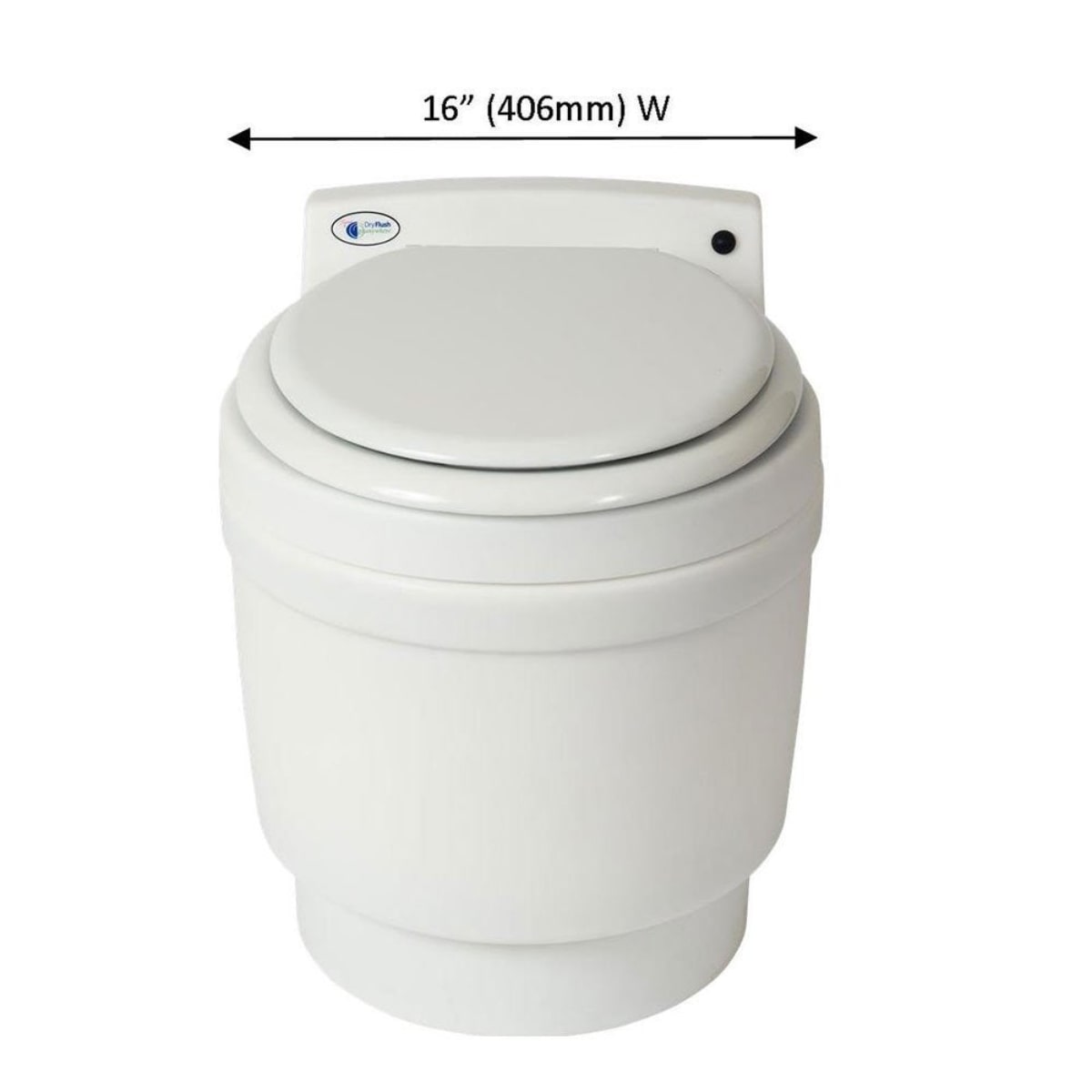 Battery Powered Laveo Dry Flush Toilet Front View with Dimensions