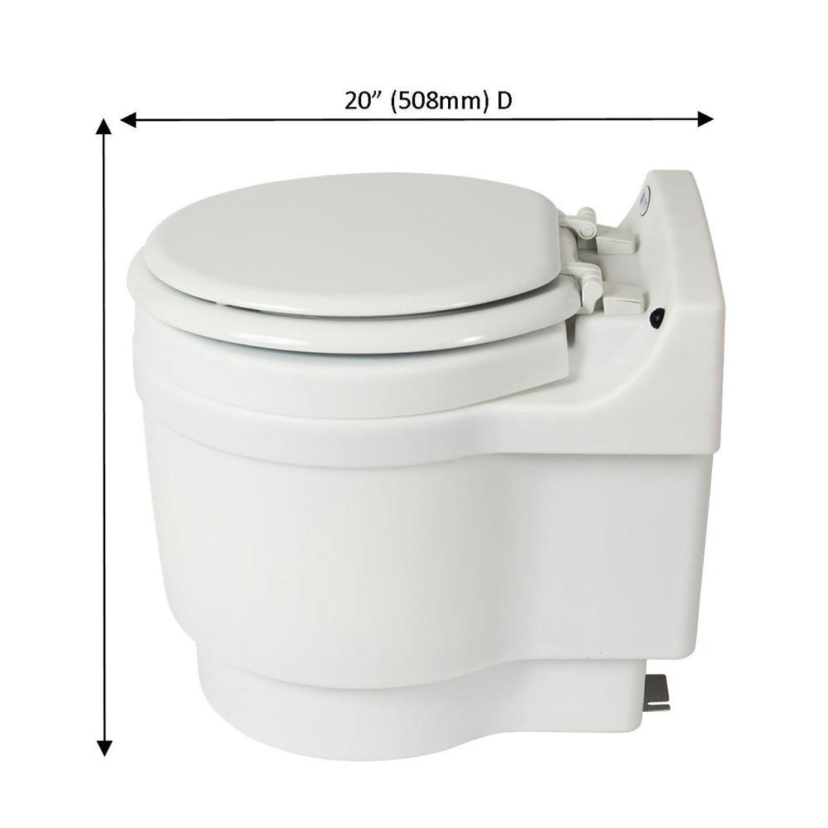 Battery Powered Laveo Dry Flush Toilet - Side View With Dimensions