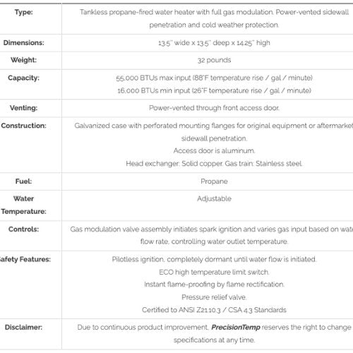 Precision Temp - RV - 550 EC Propane Tankless Water Heater - Tiny Home Equipment